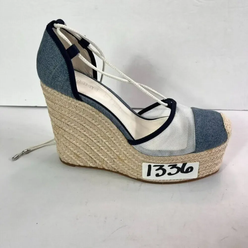 Gianni Bini Sandals Platform Wedges Women 7 Blue Denim Mesh Espadrille Gladiator - Picture 8 of 13